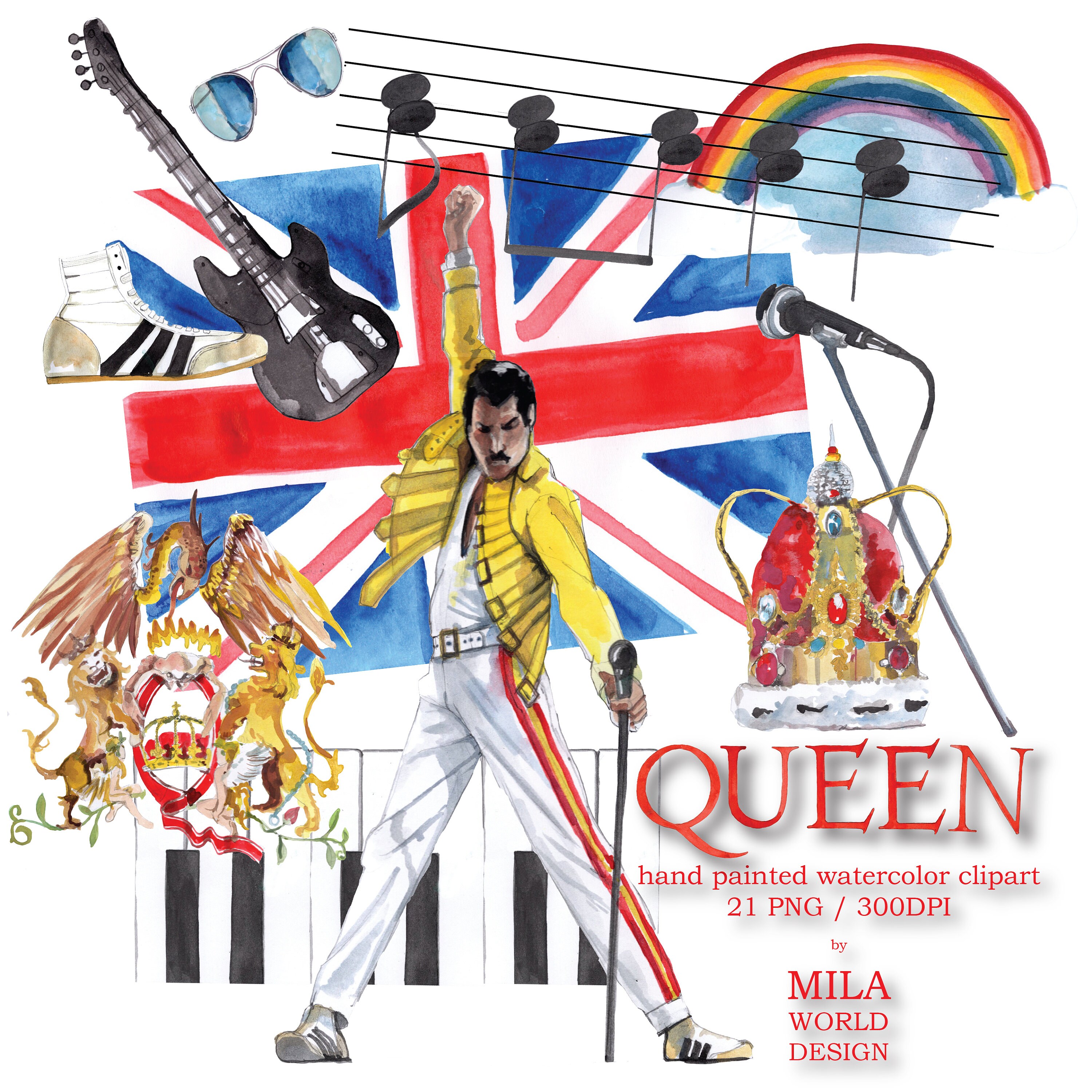 Queen Band Watercolor Clip Art Hand painted Character | Etsy