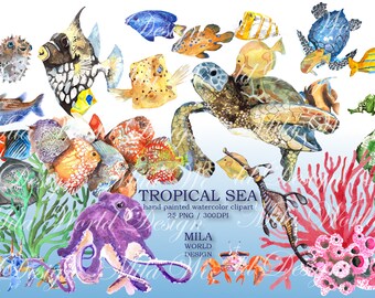 Watercolor Clip Art Tropical Sea, Ocean Creatures, Instant Digital Download PNG Magical Underwater