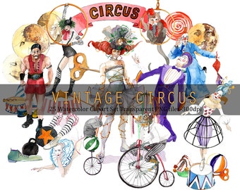Watercolor Vintage Circus Clipart, Handpainted elements, Circus PNG, Scrapbooking, 300 DPI, Commercial Use