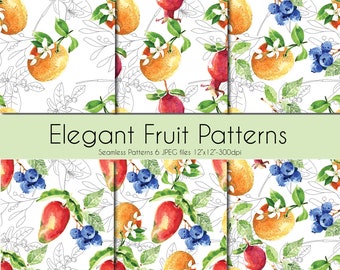 Elegant Fruit Pattern, Watercolor digital paper, Seamless pattern for fabric and digital scrapbooking paper