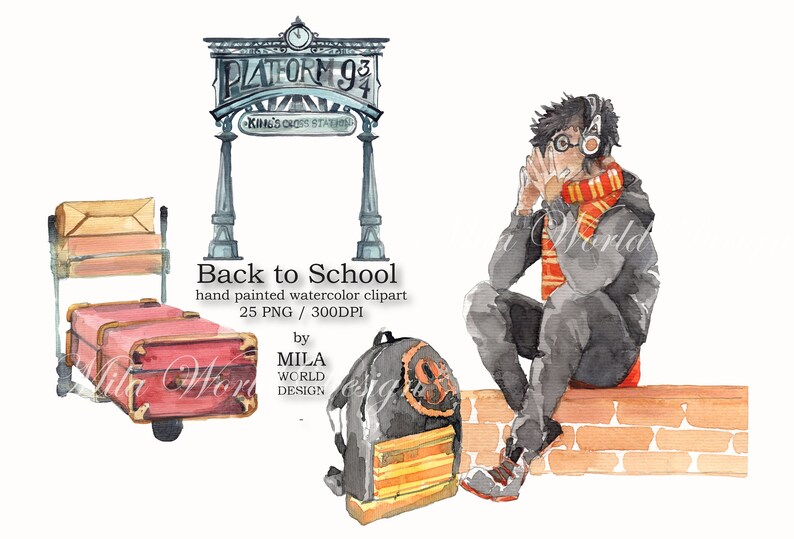 Back to School Watercolor Clip Art Instant Digital Download PNG Sublimation Design High School set
