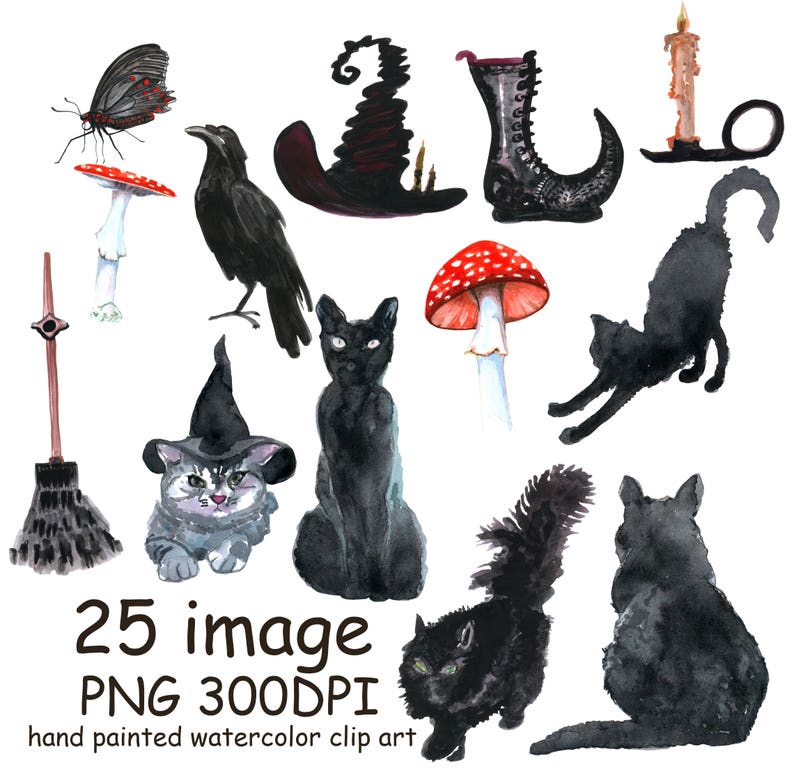 Watercolor Clip Art Happy Halloween Witch Lantern Hat Broomstick Bat Black cats Pampkins clipart Halloween planner DIY elements handpaint