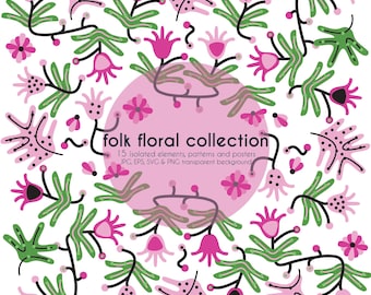 Folk Floral Clipart, Swedish Botanical Vector Graphics, SVG PNG EPS (Digital Download)