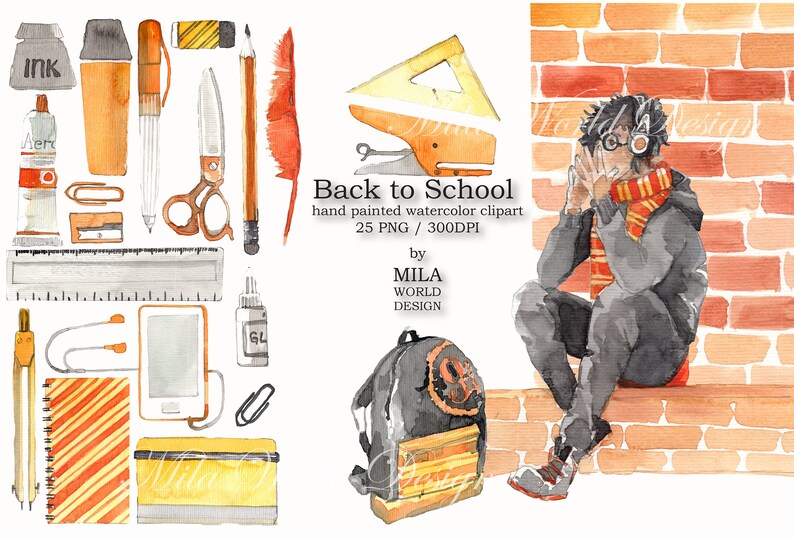 Back to School Watercolor Clip Art Instant Digital Download PNG Sublimation Design High School set