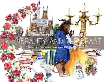 Beauty and The Beast Watercolor Clipart, Handpainted elements, Fairytale PNG, Scrapbooking, 300 DPI, Commercial Use