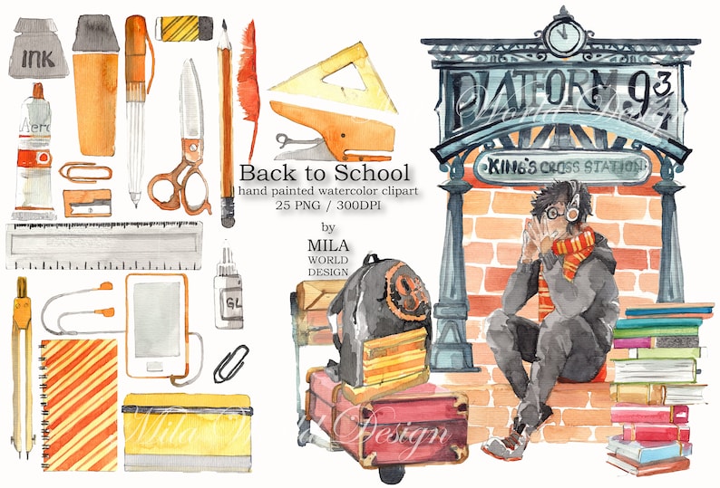 Back to School Watercolor Clip Art Instant Digital Download PNG Sublimation Design High School set