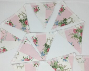 Vintage Laura Ashley Isabelle Chintz Candy Pink/White Stripe Roses Bunting 10 Flags