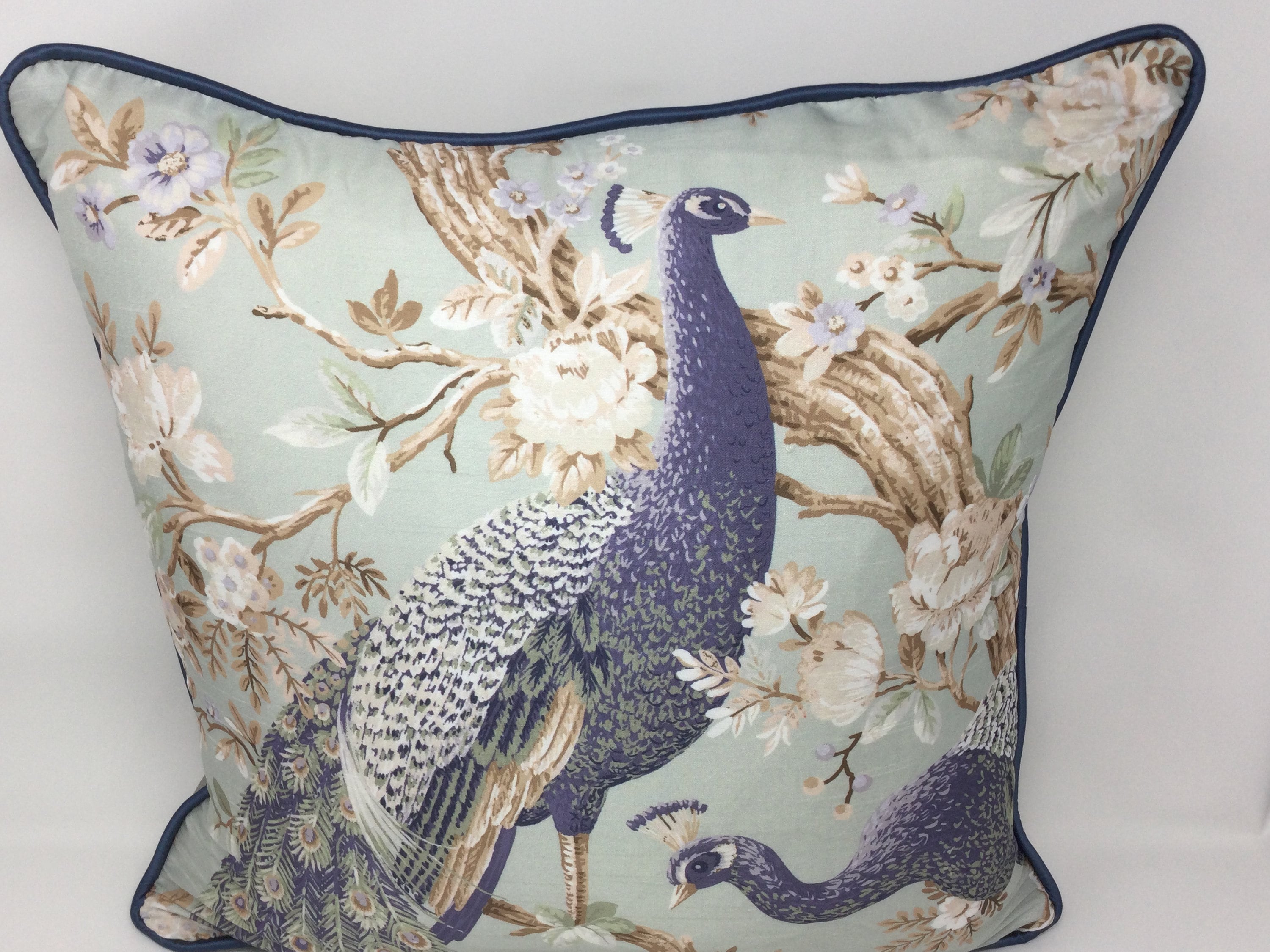 18" Laura Ashley Belvedere Duck Egg Blue Peacock Bird Silk Handmade Cushion Cover