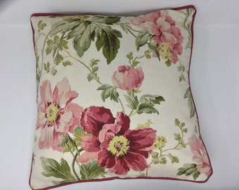 16" Laura Ashley Peony Garden Cranberry Flower Fabric Cushion Cover Piped Cranberry - Zip