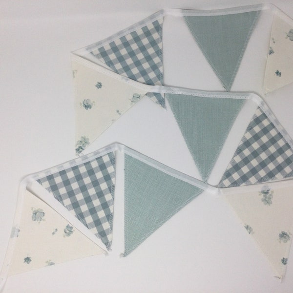 Handmade Laura Ashley Abbeville/Gingham/Bacall Duck Egg Blue/White Bunting 10 Flags