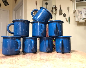 Vintage Blue White speckled enamel metal Cup Mug-Camping- Kitchen Decoration-Knickknack