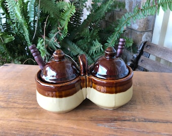 Vintage Houston Foods double condiment crock Container with spoons-knickknack-kitchen ware serving