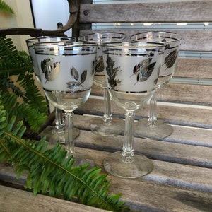 5 vintage Libbey Silver Leaf Frosted wine water tea goblets glasses-mid century Drinkware