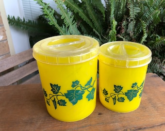 Vintage Popeil Brothers~2 piece Plastic yellow and green ivy lidded nesting canisters-storage-containers