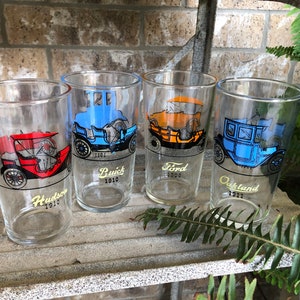 4 Vintage Hazel Atlas Antique Car Automobile Tumblers Glasses