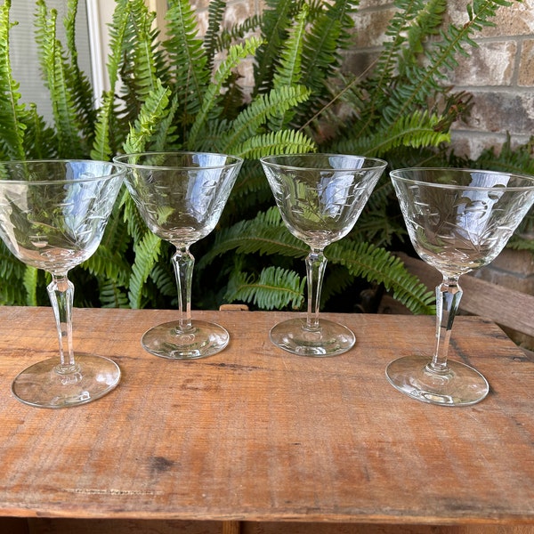 4 Vintage Clear Etched Flower Pattern Stemware Barware Fancy Wine Champagne Cocktail Elegant Glasses-Decoration-Knickknack