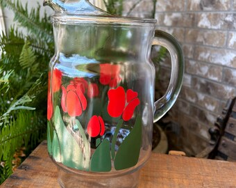 Vintage NINA Red Tulip Green Leaf Clear 2.5 Quart Water Tea Pitcher-Kitchen-Vase-Decoration-Knickknack