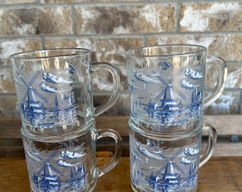 4 Vintage Luminarc Dutch Windmill Sailboat Flower Blue White Clear Coffee Cups Mugs