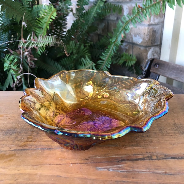 Vintage Indiana Glass Amber Loganberry iridescent-Carnival glass-Collectible-knickknack-bowl-candy dish