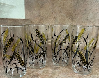 4 Vintage Wheat Design 12 oz Unbranded Tumbler Glasses-Like NEW-Perfect!