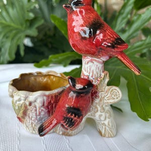 Vintage Glazed Ceramic Red Cardinal Birds Planter-Figurine Statue-Decoration-Succulent
