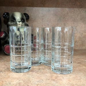 4 vintage Anchor Hocking Clear Tartan tall Coolers Drinking glasses Tumblers-Water Tea Beverage
