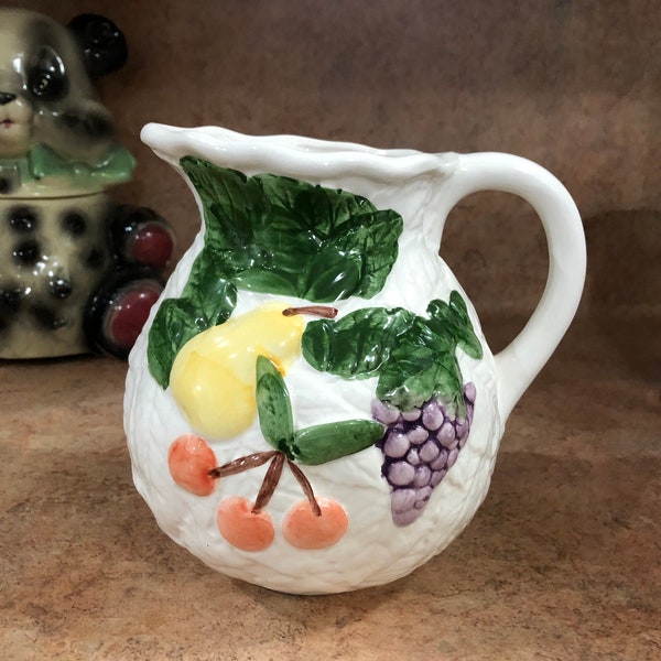 Vintage raised fruit hand painted glazed ceramic Pitcher-Vase-Decoration-knickknack-Country-farm