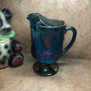 Vintage Indiana Glass Iridescent Blue Grapevine Grape Leaf HEAVY Tea Water Pitcher-Decoration-Knickknack-more at TurtlefeathersStore!