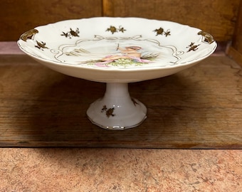 Vintage Small Porcelain Pedestal Angel Gold Trim Petit Four Dessert Dish Plate-Decoration-Knickknack-Tea Party-Center piece