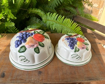 2 Vintage Glazed Ceramic Fruit Decoration Wall molds-Knickknack-Kitchen-Grape-Apple-Art