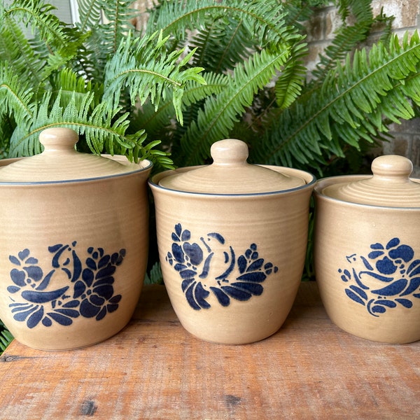 3 Vintage Pfaltzgraff Blue Bird and Flower HEAVY Ceramic Folk Art County Canisters-Kitchen-Containers-Storage-Decoration