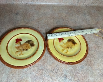 2 Vintage Fitz and Floyd Rustic Farm Rooster Chicken 8 1/2" Dessert Bread Salad Plates