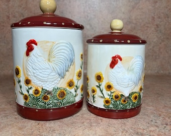 2 Vintage ABC Distributing Rooster and Sunflower Country Farm Kitchen Canisters