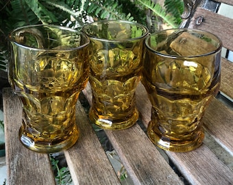3 Vintage Georgian Honey Comb yellow Amber Anchor Hocking Tea Water Glasses Tumblers