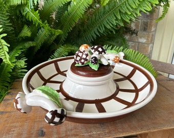 Vintage Seymour Mann Country Casuals Mushroom Ceramic Chip Dip Bowl with lid-Party-Decoration-Veggies-Snack-Tray-Platter