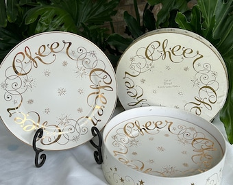 4 NEW Hausenware by Lyn Dillin White Gold "Cheers" 8" plates-Holiday-Christmas-Celebration-Party