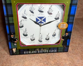 Vintage New 2002 "The Great Highland Bagpipe Clock"- Battery Operated-Plays 12 Tunes