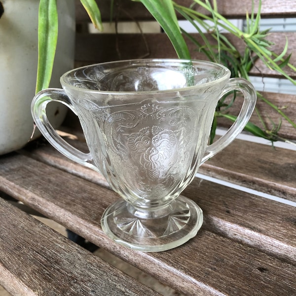 Vintage clear etched depression glass handled sugar bowl