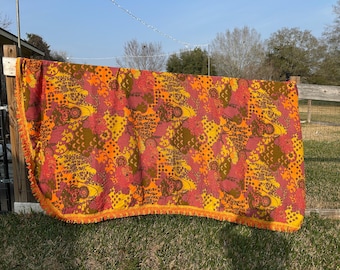 Vintage Retro Bates Hippie Floral 86" x 103" Fringe Bedspread Cover Blanket-Bedroom Decoration