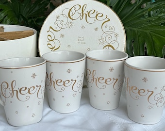 NEW! Set of 4 White Gold Hausenware by Lyn Dillin "CHEER" Coffee Tea Cup-New Years-Christmas-Party-Celebration!