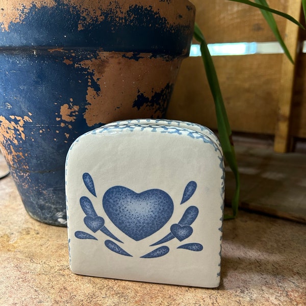 Vintage Country FolkArt Blue Sponge Paint Heart Glazed Ceramic Napkin Holder-Kitchen Table Decoration-Letter Holder