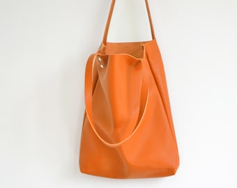 SIMPLE ORANGE LEATHER Tote Bag Pebbled Leather Laptop Bag Italian Orange Leather Tote - Madrid -