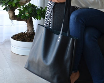 Large leather tote bag, Leather tote, Tote bag leather, Tote bag, Leather tote woman, Leather tote, Leather tote - ROME - Black Tote Bag