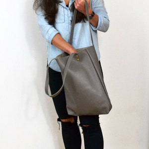 Leather bag, Everyday LEATHER TOTE Bag, Ash Grey Tote, Dark Grey Leather Laptop Bag, Grey Leather Tote - MADRID -