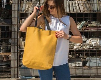 Yellow Leather tote bag, Full grain leather tote, Tote bag leather, Tote bag, Supple leather tote bag,, Women's bag  - VERONA Bag