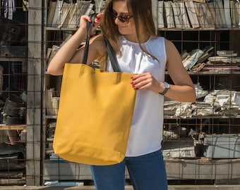 Yellow Leather tote bag, Full grain leather tote, Tote bag leather, Tote bag, Supple leather tote bag,, Women's bag  - VERONA Bag