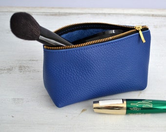 Leather Makeup Bag,  Leather Cosmetic Bag, Purse, LEATHER POUCH, Royal Blue Leather Clutch, Blue Leather Toiletry Bag, Small Leather Bag