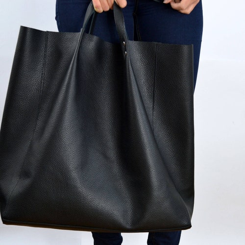 Large Black Leather Tote Bag Oversized Black Leather Bag - Etsy