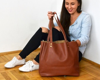 Brown Leather Tote, Leather tote woman, Leather tote, Chestnut Brown Tote Bag, LEATHER TOTE with zipper,  Brown Tote - ROME Bag -