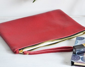 Red LEATHER CLUTCH - IPad Case - Italian Leather Clutch - Oversize Leather Clutch - Wrist Strap & Lining - PARIS clutch -